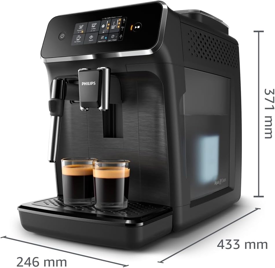 Philips 2200 Series Kaffeevollautomat - 2 Kaffeespezialitäten, Touch-Display, klassischer Milchaufschäumer, Keramikmahlwerk, Mattschwarz (EP2220/10)