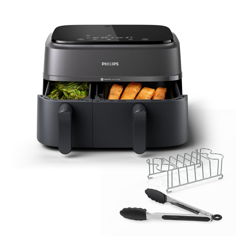 Philips Airfryer 4000 Series Stacked Dual Basket, Gestapelte Heißluftfritteuse 2 Kammern, 10L, RapidAir Technologie, 45% weniger Platzbedarf, PFAS-freie Keramikbeschichtung, Sichtfenster (NA460/00)