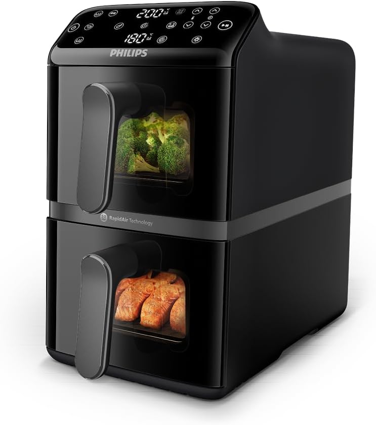 Philips Airfryer 4000 Series Stacked Dual Basket, Gestapelte Heißluftfritteuse 2 Kammern, 10L, RapidAir Technologie, 45% weniger Platzbedarf, PFAS-freie Keramikbeschichtung, Sichtfenster (NA460/00)