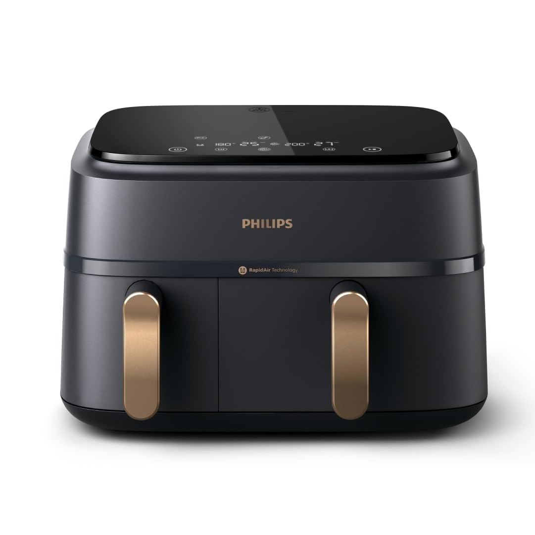 Philips Airfryer 4000 Series Stacked Dual Basket, Gestapelte Heißluftfritteuse 2 Kammern, 10L, RapidAir Technologie, 45% weniger Platzbedarf, PFAS-freie Keramikbeschichtung, Sichtfenster (NA460/00)