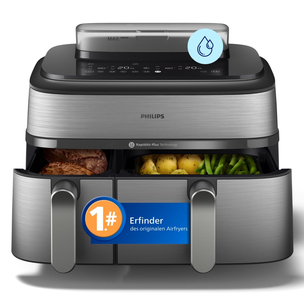 Philips Steam Airfryer 5000 Series Dual Basket Heißluftfritteuse mit Dampfgar-Funktion & 2 Körben – Steam, Airfry, SteamFry, 9L (3L+6L), RapidAir Plus, automatische Dampfreinigung (NA550/00)