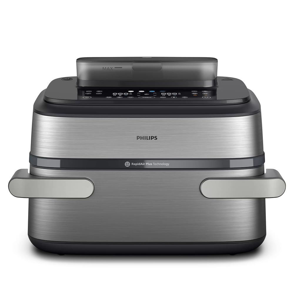 Philips Steam Airfryer 5000 Series Dual Basket Heißluftfritteuse mit Dampfgar-Funktion & 2 Körben – Steam, Airfry, SteamFry, 9L (3L+6L), RapidAir Plus, automatische Dampfreinigung (NA550/00)