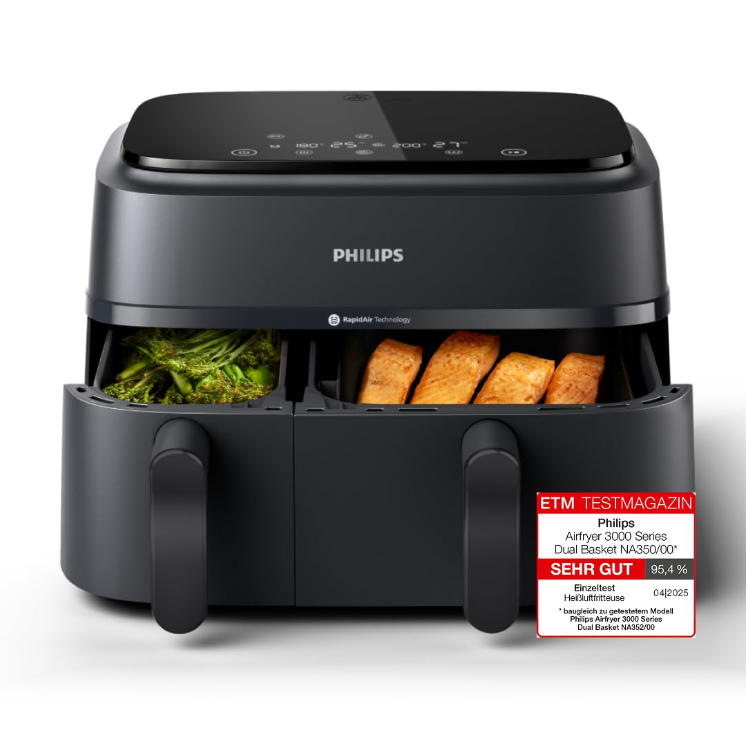 Philips Airfryer 4000 Series Stacked Dual Basket, Gestapelte Heißluftfritteuse 2 Kammern, 10L, RapidAir Technologie, 45% weniger Platzbedarf, PFAS-freie Keramikbeschichtung, Sichtfenster (NA460/00)