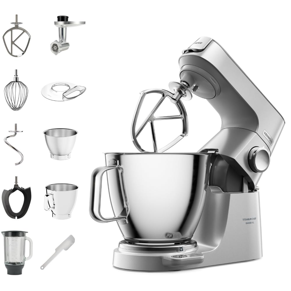 Kenwood Titanium Chef Baker KVC85.004SI Küchenmaschine mit integrierter Waage,inkl. 3-teiligem Patisserie-Set,5 L und 3,5 L ,stufenloser Geschwindigkeitsregler,1200 W,Silber,Stainless Steel