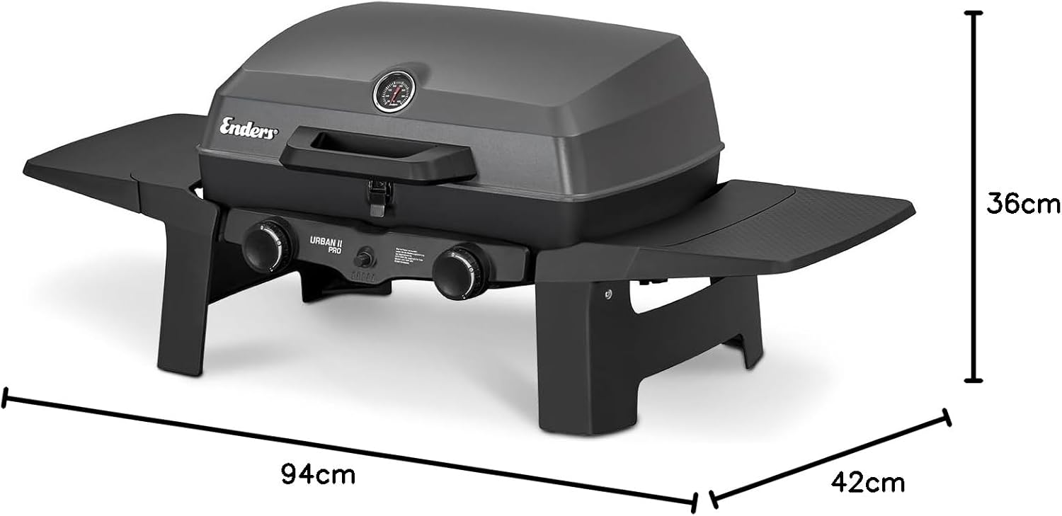 Enders® Gasgrill Urban II Pro, Tischgrill, Grillen-, Kochen- und Backen Funktion, 2 Brenner Edelstahl, mit Grill-Thermometer, Balkon-, Camping-Grill, Aluguss-Gehäuse, Gusseisen-Rost, #2062