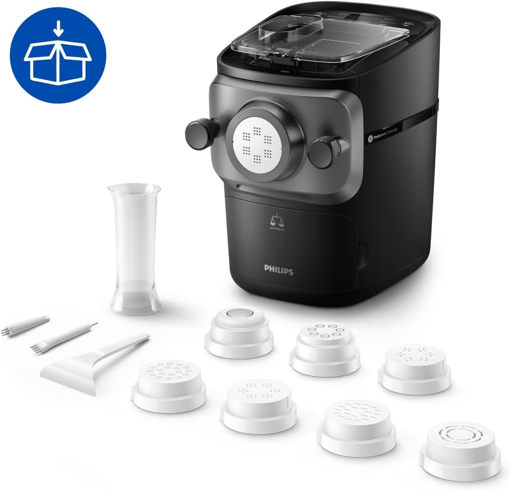 Philips 7000 Serie PastaMaker, Vollautomatische Nudelmaschine, Automatisches Wiegen, 8 Pastasorten, Einfache Reinigung, max 8 Portionen, ProExtrude-Technologie, Vegan, Glutenfrei, Schwarz (HR2665/93)