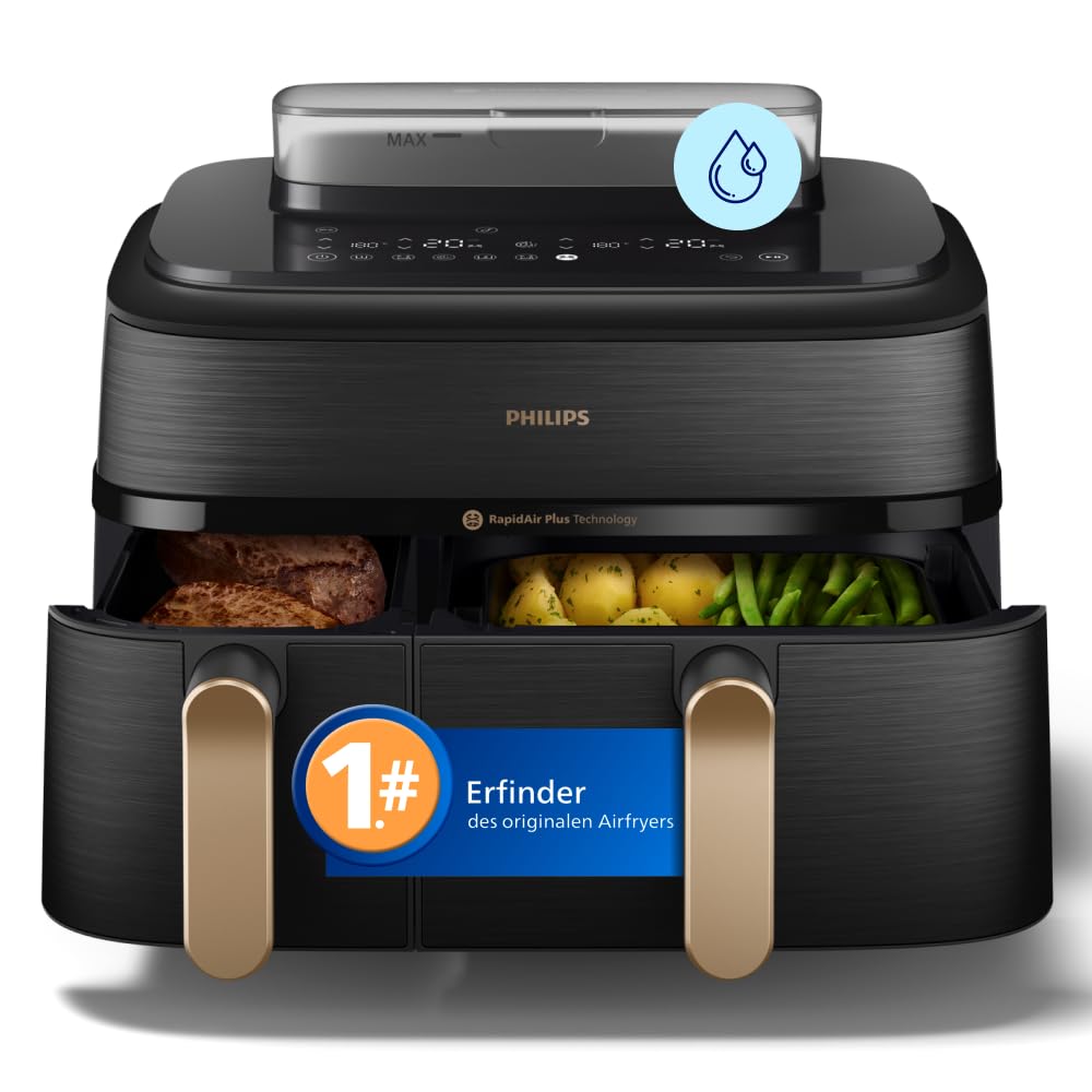 Philips Steam Airfryer 5000 Series Dual Basket Heißluftfritteuse mit Dampfgar-Funktion & 2 Körben – Steam, Airfry, SteamFry, 9L (3L+6L), RapidAir Plus, automatische Dampfreinigung (NA550/00)
