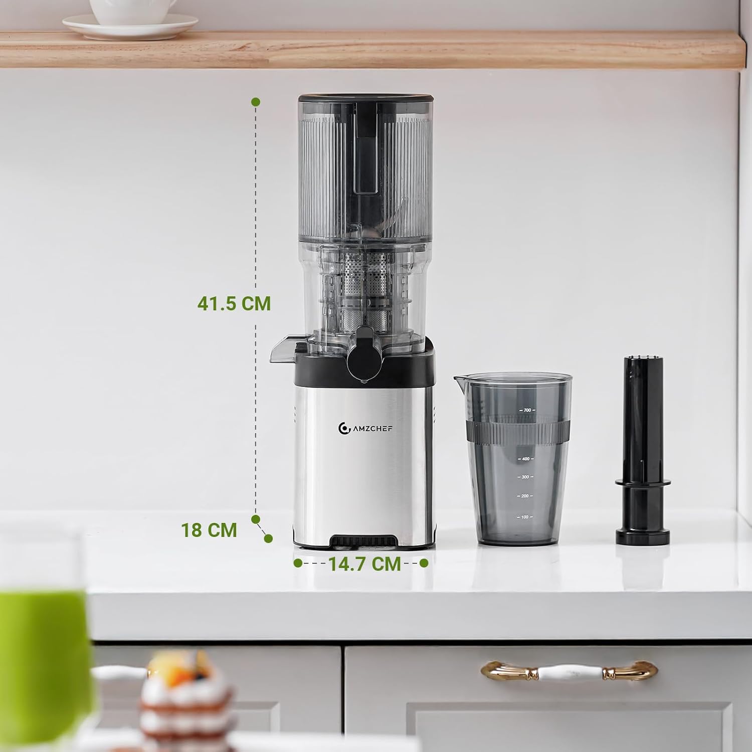 AMZCHEF Entsafter Slow Juicer 136 mm – Saftpresse Elektrisch für Gemüse & Obst – Cold Press Juicer mit 2 Filtern – Leise & Leicht zu Reinigen - Silber