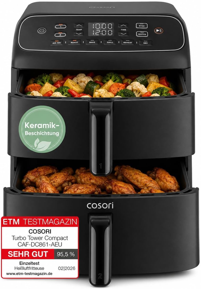COSORI Airfryer | Turbo Tower Compact | Heißluftfritteuse 2 Kammern Keramikbeschichtung | 8,6L Double Stack mit mehreren Lüfterstufen | 2700W| Schwarz | DC861