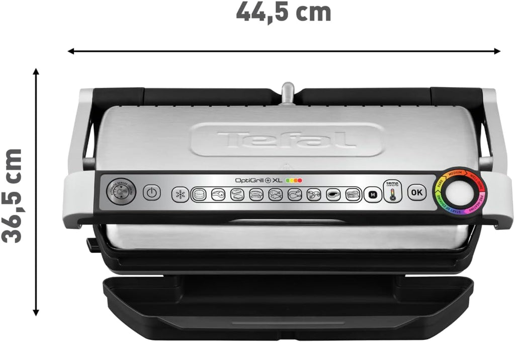 Tefal OptiGrill+ XL Kontaktgrill, 9 Programme, manueller Modus, 200 W, Garstufenanzeige, Dickemessung, Abnehmbare XL-Platten, Elektrogrill, Edelstahl, GC722D16