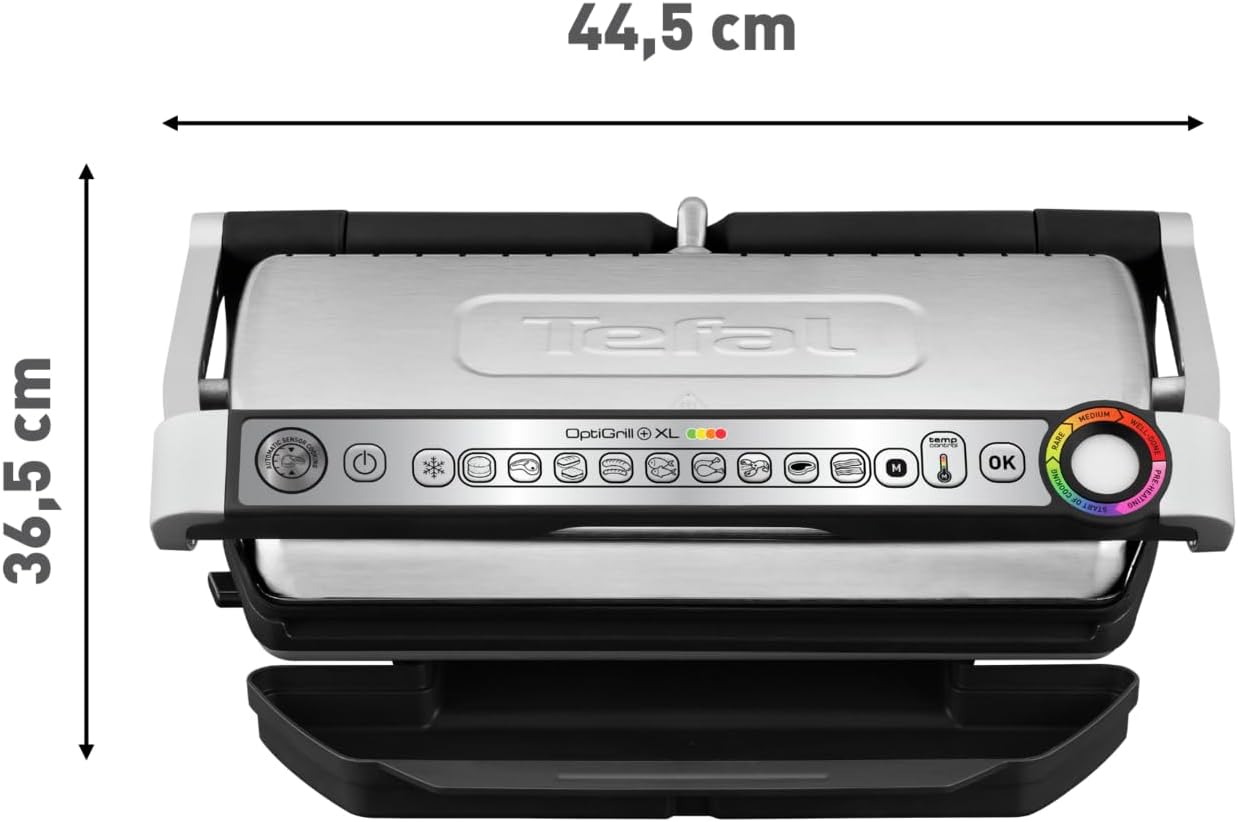 Tefal OptiGrill+ XL Kontaktgrill, 9 Programme, manueller Modus, 200 W, Garstufenanzeige, Dickemessung, Abnehmbare XL-Platten, Elektrogrill, Edelstahl, GC722D16