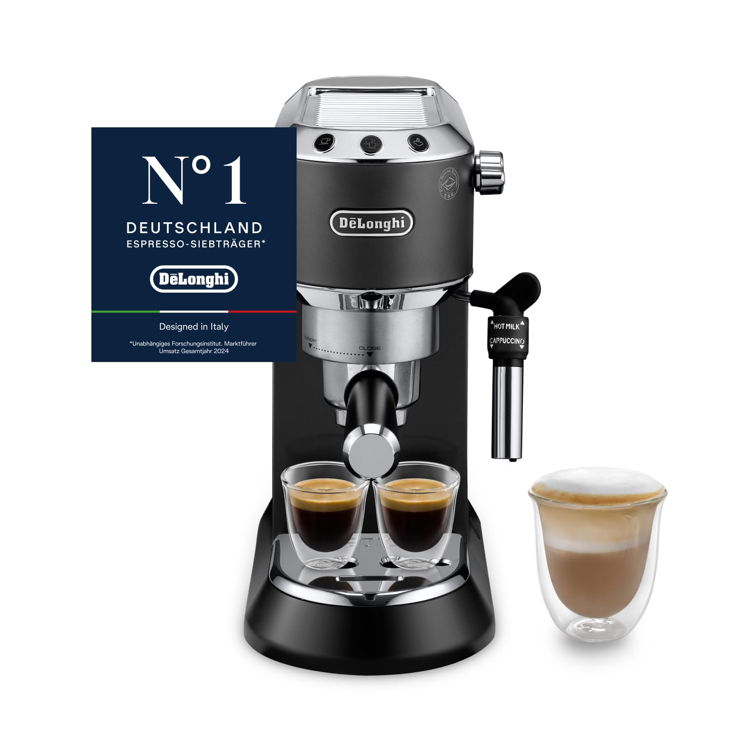 De'Longhi Dedica Style - Perfetto Kompakte Siebträgermaschine Espressomaschine mit Tasten, manuellem Milchaufschäumer für Espresso und Cappuccino, ESE Pad geeignet, 15cm breit, Metall (EC685.M)