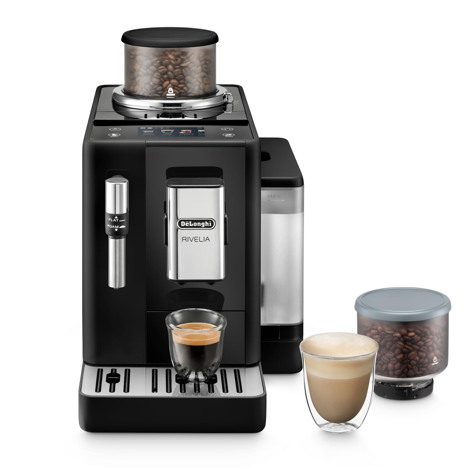 De'Longhi Rivelia EXAM440.55.W Kaffeevollautomat, perfekter Milchschaum, wechselbarer Bohnenbehälter, 16 Kaffee- & Milchgetränke auf Knopfdruck, Extra-Shot-Funktion, 3,5" Touch-Display, Weiß