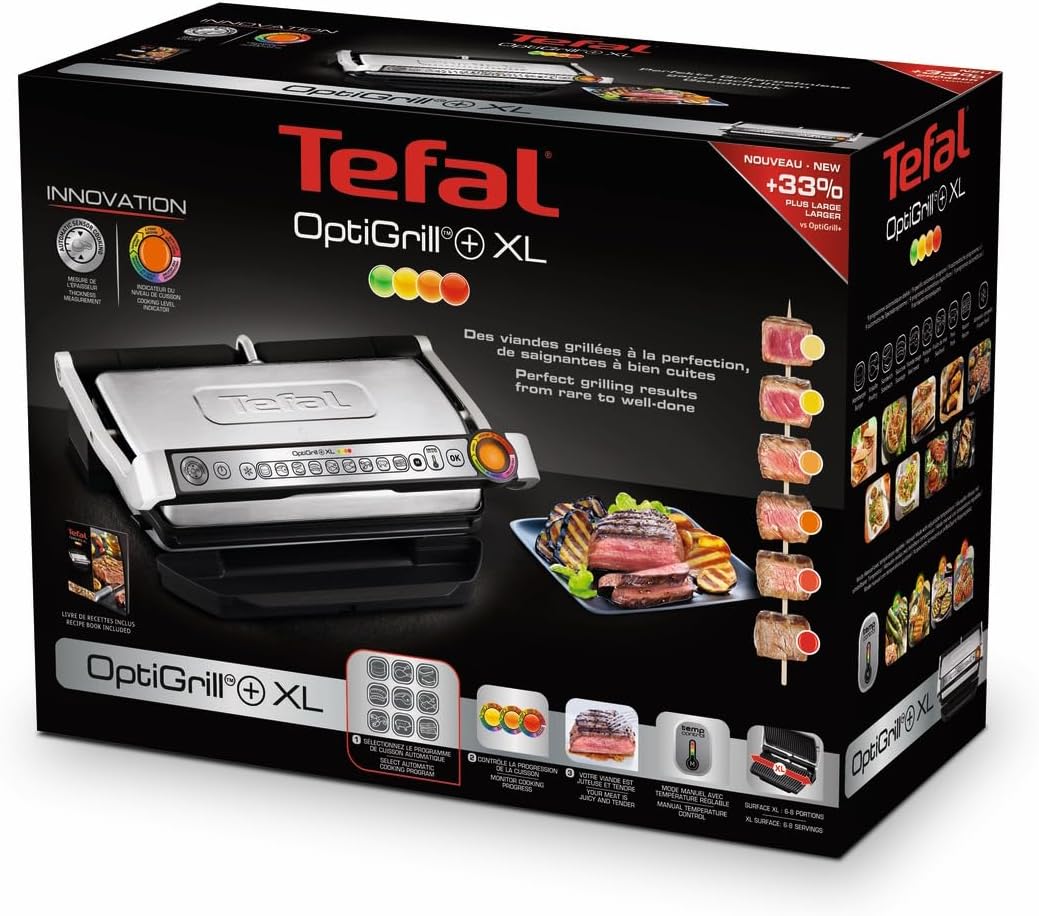 Tefal OptiGrill+ XL Kontaktgrill, 9 Programme, manueller Modus, 200 W, Garstufenanzeige, Dickemessung, Abnehmbare XL-Platten, Elektrogrill, Edelstahl, GC722D16