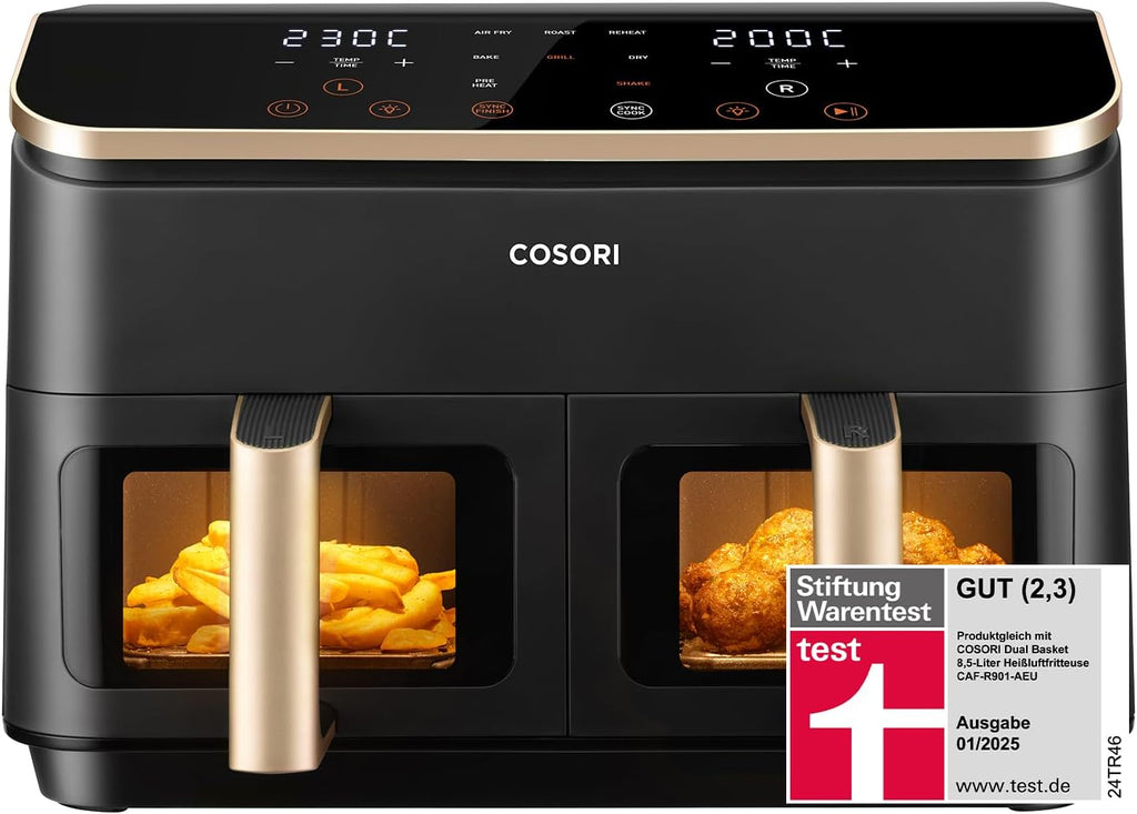 Cosori Airfryer | Testsieger der Stiftung Warentest | 8,5L Heißluftfritteuse 2 Kammern | Heissluftfritteuse mit Sichtfenster | NTC-Tech für präzise Temperaturkontrolle | Gold | R903