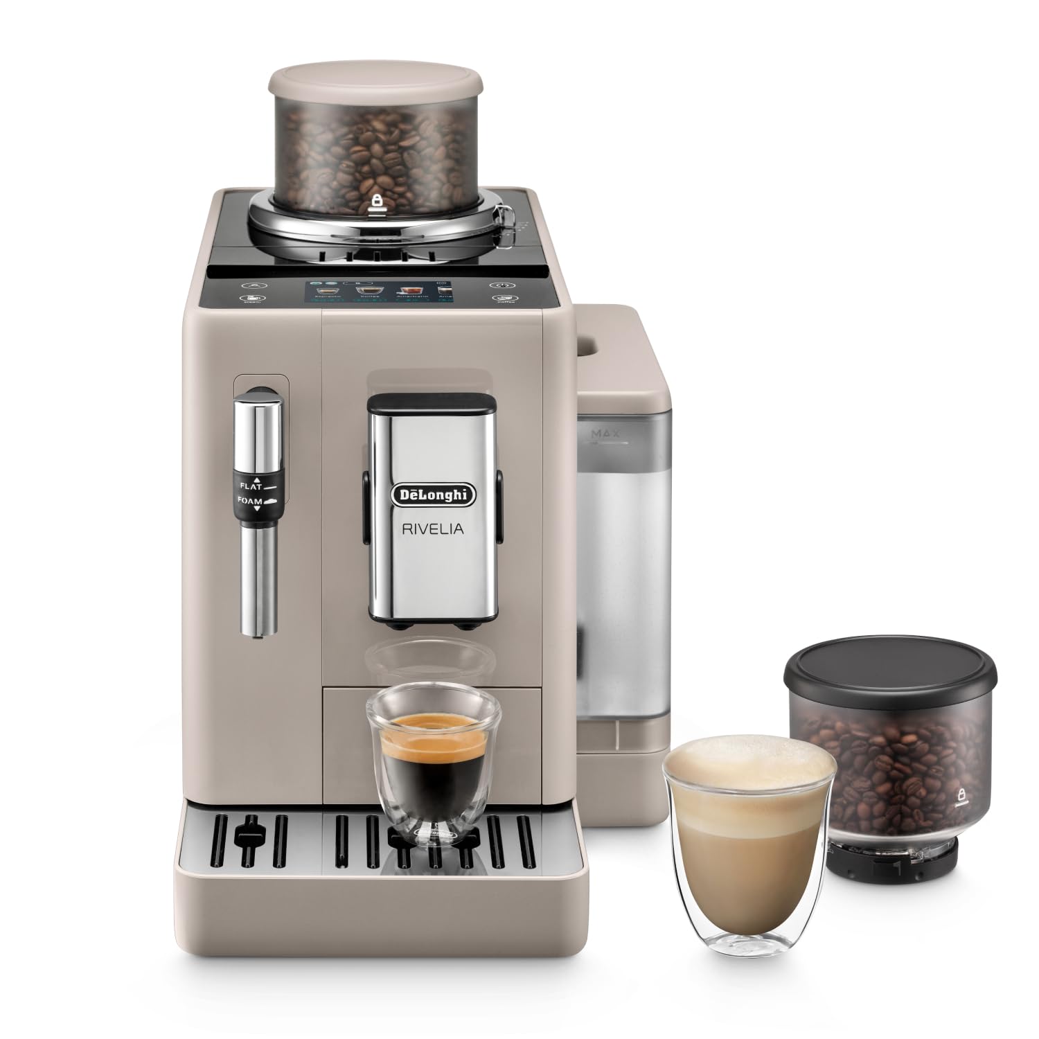 De'Longhi Rivelia EXAM440.55.W Kaffeevollautomat, perfekter Milchschaum, wechselbarer Bohnenbehälter, 16 Kaffee- & Milchgetränke auf Knopfdruck, Extra-Shot-Funktion, 3,5" Touch-Display, Weiß