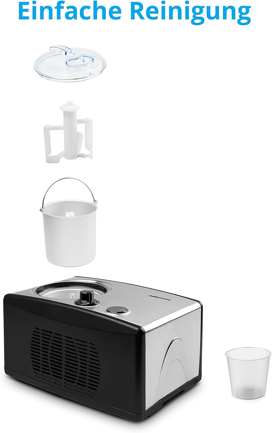 MEDION Eismaschine mit Kompressor (selbstkühlend, geeignet für die Zubereitung von Eiscreme, Frozen Yoghurt & Sorbet, 1,5 Liter, 150 Watt, MD 18387)