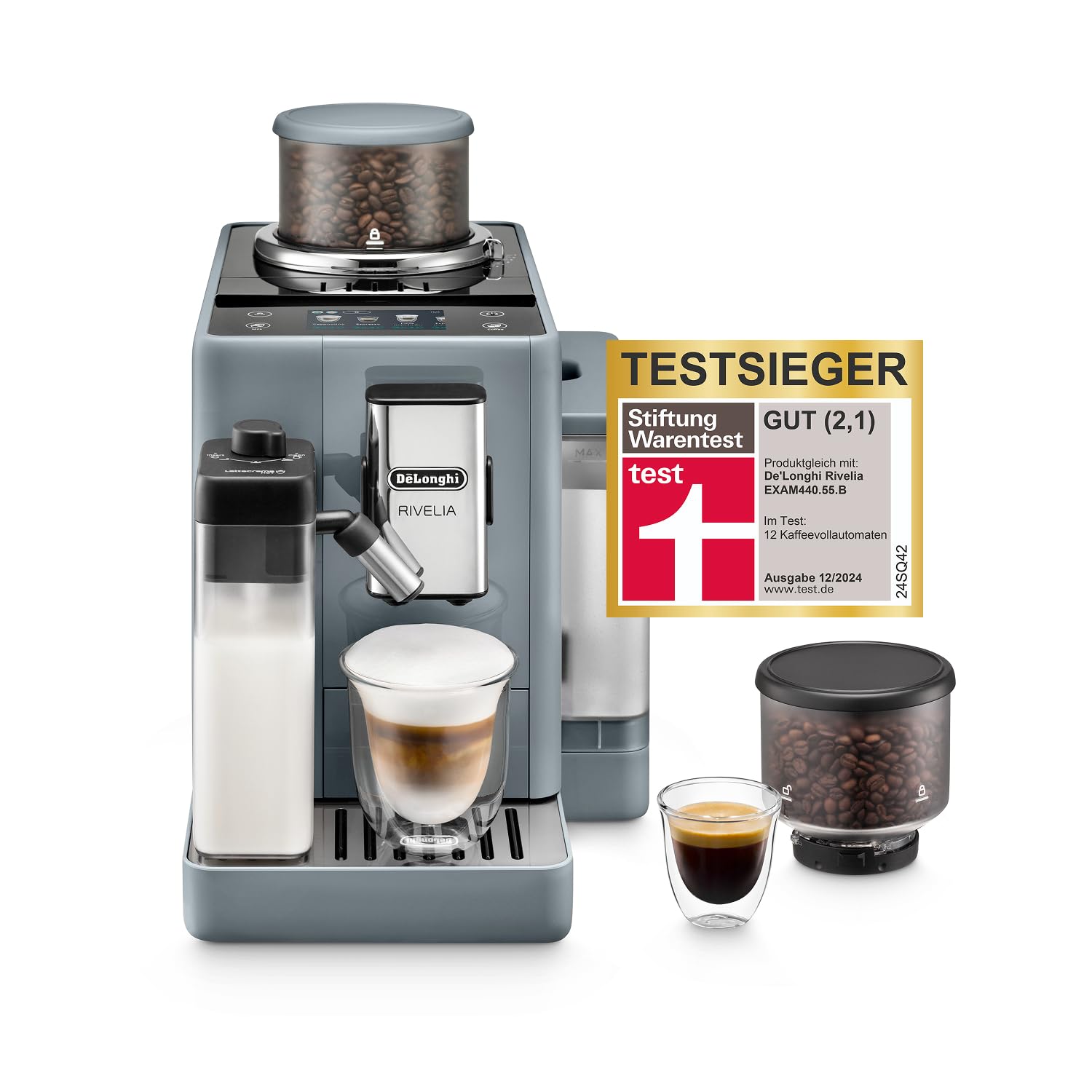 De'Longhi Rivelia EXAM440.55.W Kaffeevollautomat, perfekter Milchschaum, wechselbarer Bohnenbehälter, 16 Kaffee- & Milchgetränke auf Knopfdruck, Extra-Shot-Funktion, 3,5" Touch-Display, Weiß
