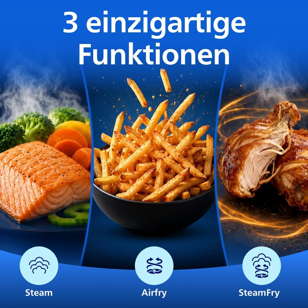 Philips Steam Airfryer 5000 Series Dual Basket Heißluftfritteuse mit Dampfgar-Funktion & 2 Körben – Steam, Airfry, SteamFry, 9L (3L+6L), RapidAir Plus, automatische Dampfreinigung (NA550/00)