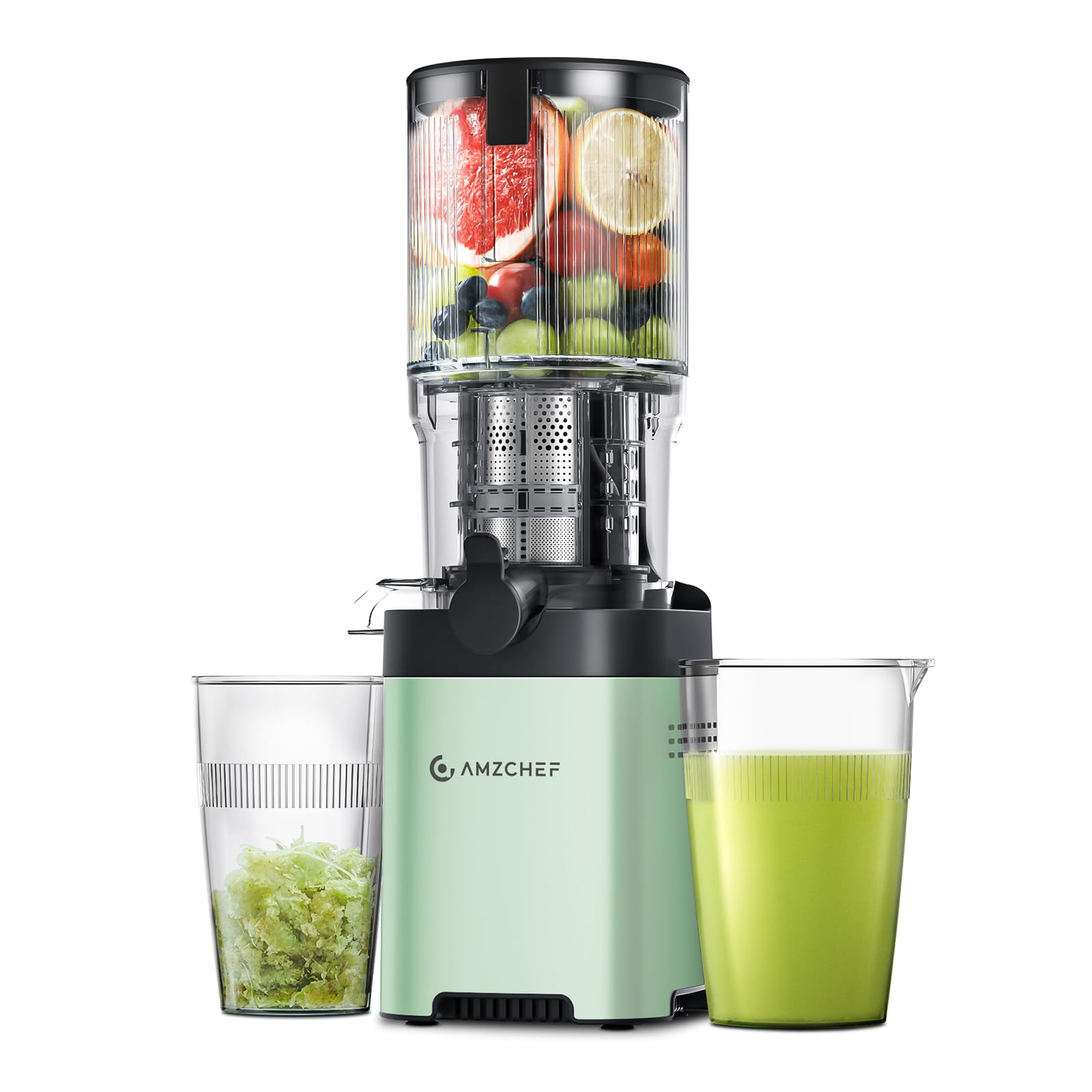 AMZCHEF Entsafter Slow Juicer 136 mm – Saftpresse Elektrisch für Gemüse & Obst – Cold Press Juicer mit 2 Filtern – Leise & Leicht zu Reinigen - Silber