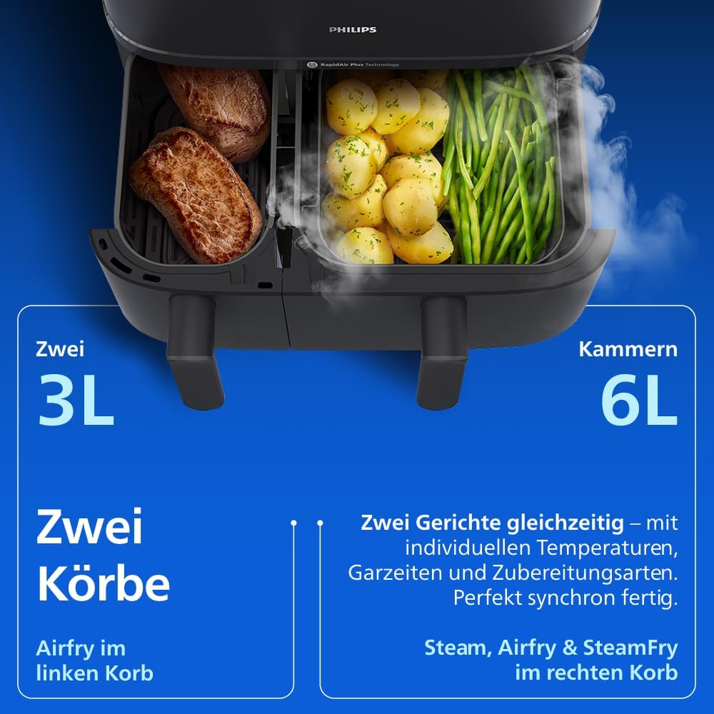 Philips Steam Airfryer 5000 Series Dual Basket Heißluftfritteuse mit Dampfgar-Funktion & 2 Körben – Steam, Airfry, SteamFry, 9L (3L+6L), RapidAir Plus, automatische Dampfreinigung (NA550/00)