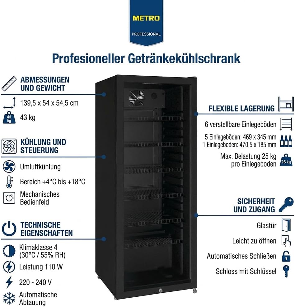 METRO Professional Getränkekühlschrank GSC4240B, 237 L, 110 W, 6 verstellbaren Einlegeböden, LED-Innenbeleuchtung, schwarz