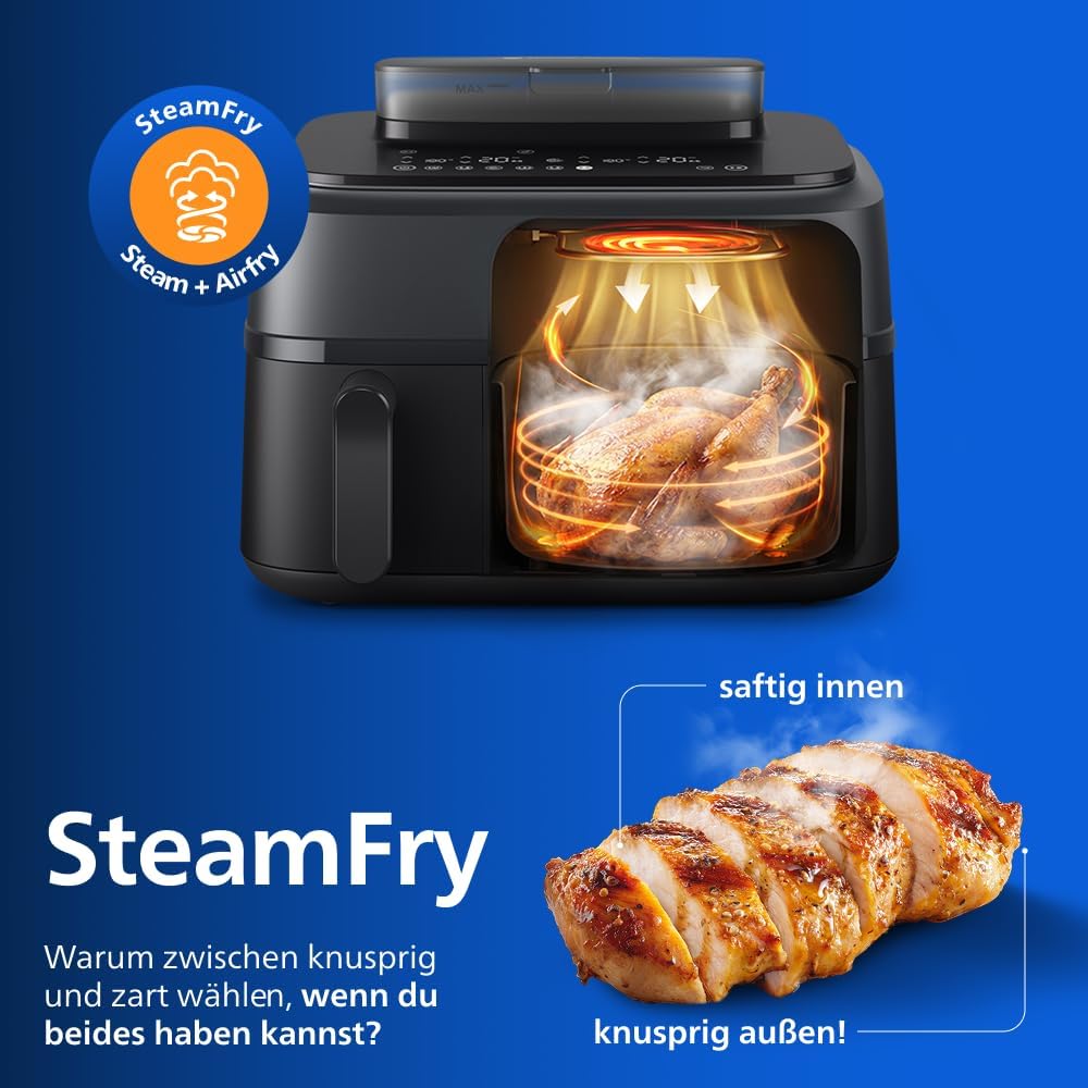 Philips Steam Airfryer 5000 Series Dual Basket Heißluftfritteuse mit Dampfgar-Funktion & 2 Körben – Steam, Airfry, SteamFry, 9L (3L+6L), RapidAir Plus, automatische Dampfreinigung (NA550/00)