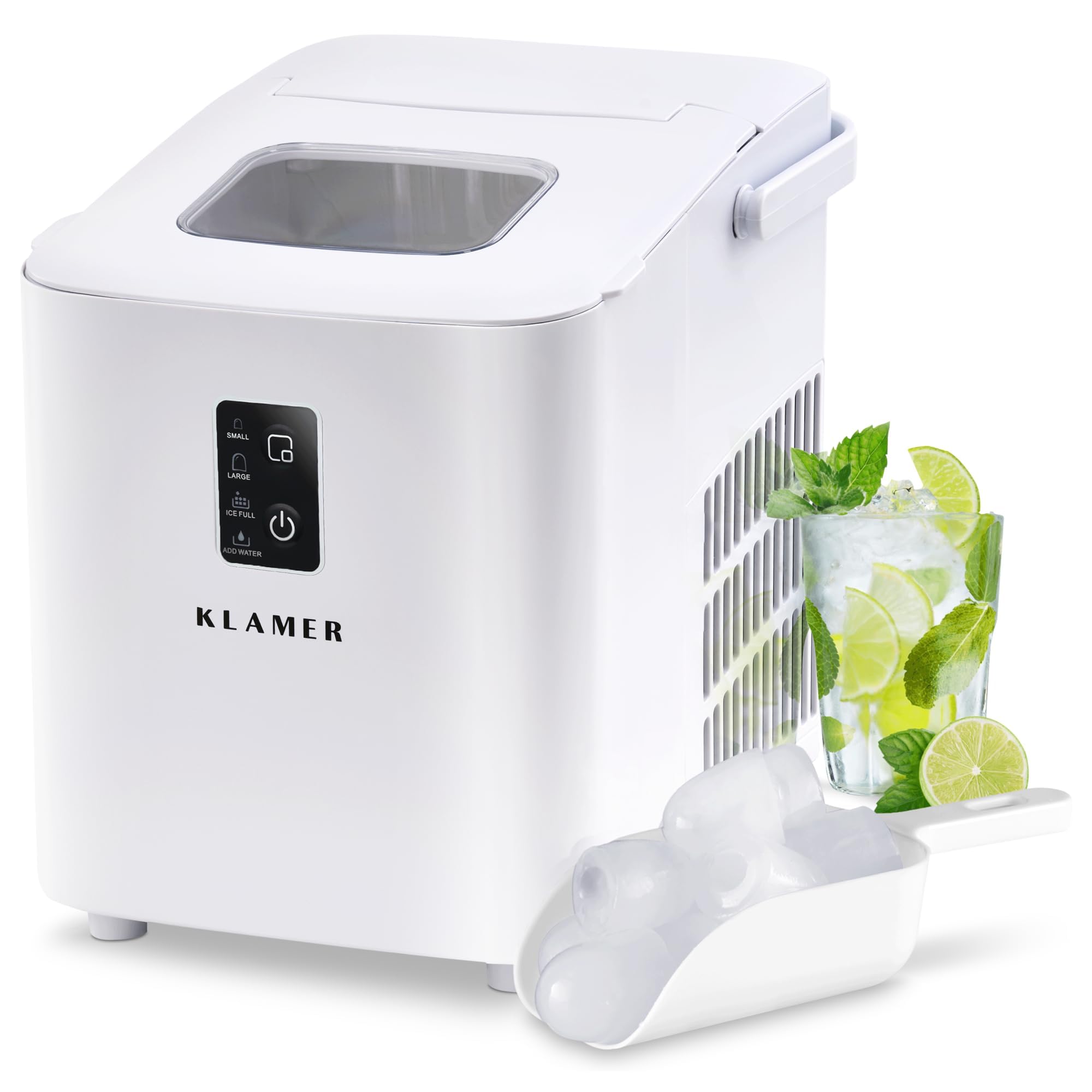 KLAMER Eiswürfelmaschine klein mit Eisschaufel & 2 Eiswürfelgrößen - 10 Eiswürfel in nur 7 Min, 15 kg Eiswürfel pro Tag - leiser Ice Maker mit Timer (schwarz)