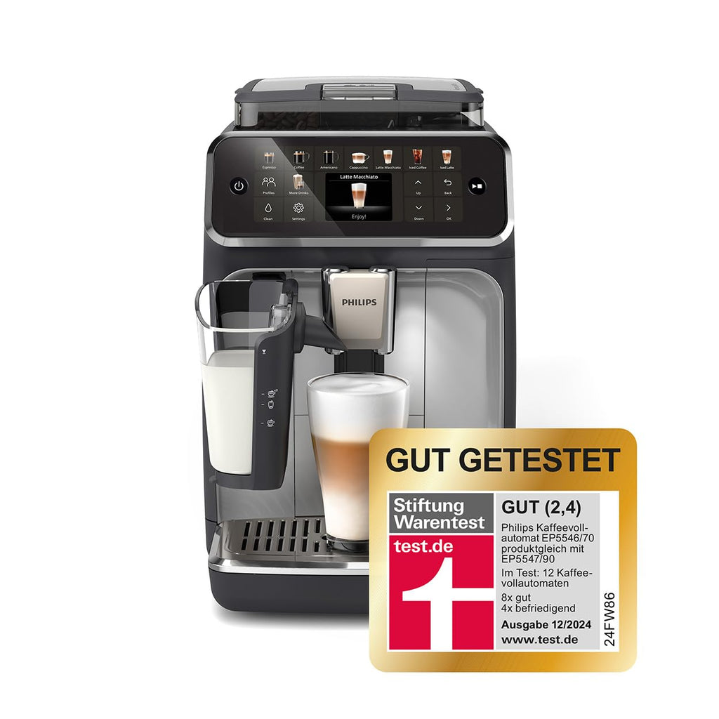 Philips Serie 5500 Kaffeevollautomat – LatteGo Milchsystem, 20 heiße und kalte Kaffeespezialitäten, 40% leiser mit SilentBrew, QuickStart, Schwarz/Grau (EP5544/50)