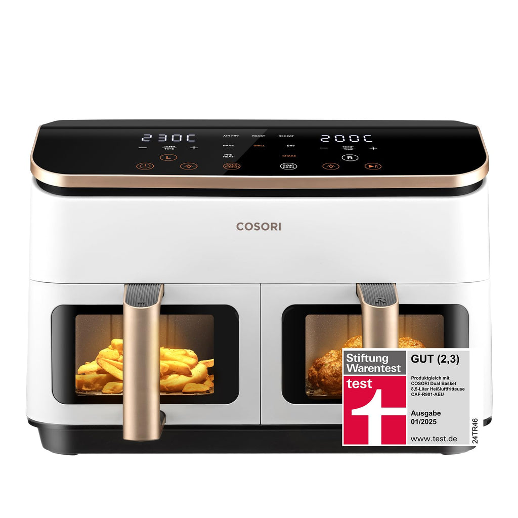 COSORI Airfryer, Heißluftfritteuse 2 Kammern, 10,8 L Heissluftfritteuse, Innovative Mehrfach-Luftgeschwindigkeit, Spart 41 Prozent Platz, Inklusive Rezeptbuch und Edelstahl-Rost, Silbergrau