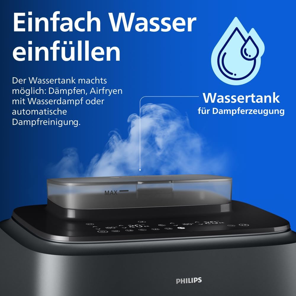 Philips Steam Airfryer 5000 Series Dual Basket Heißluftfritteuse mit Dampfgar-Funktion & 2 Körben – Steam, Airfry, SteamFry, 9L (3L+6L), RapidAir Plus, automatische Dampfreinigung (NA550/00)