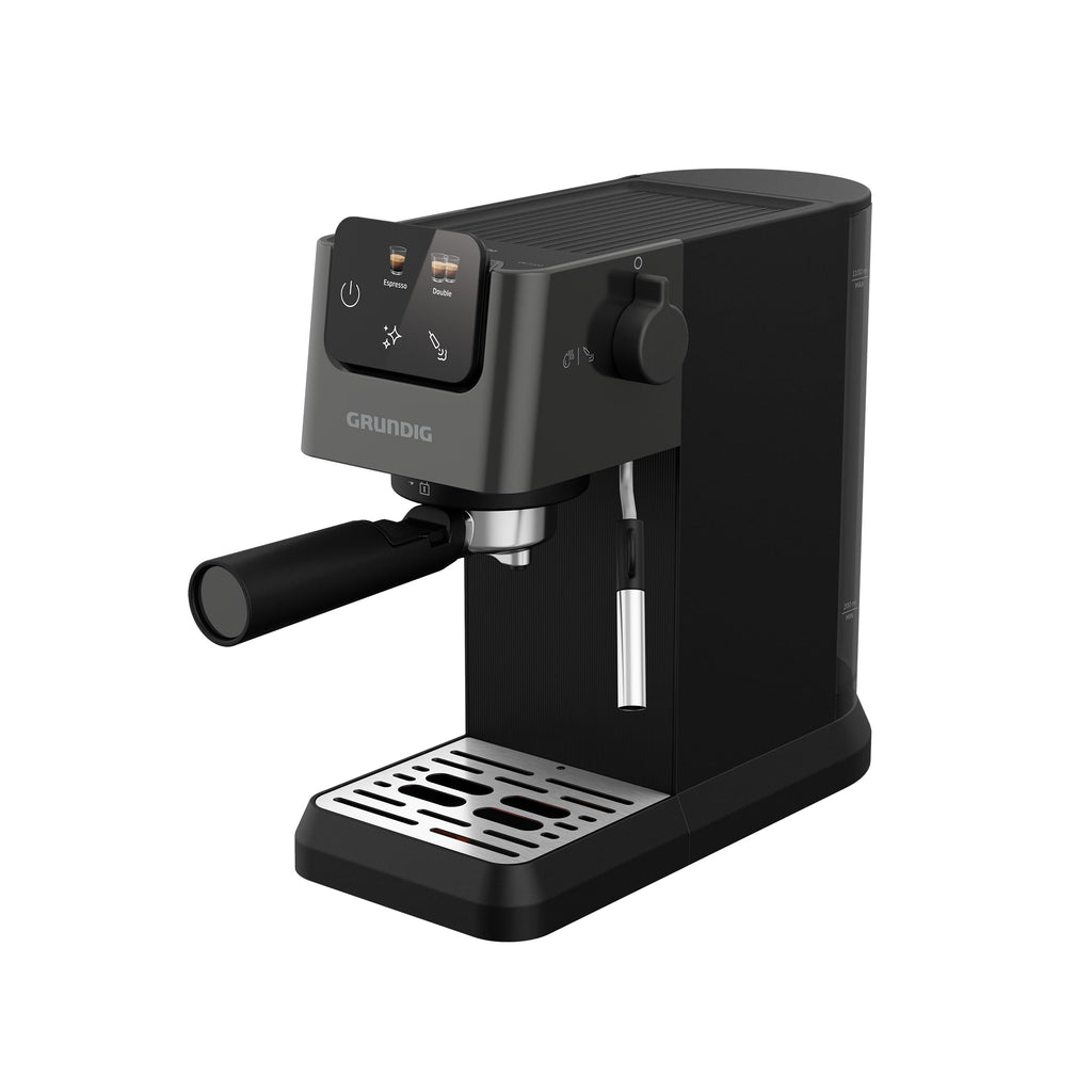 Grundig KSM 6430 Siebträgermaschine mit integriertem Milchbehälter, 1628 W Leistung, 20 bar Pumpendruck, Zweifachdüse, farbiges Touch-Display, BrewSense, CreamyPro, Dark Inox/Schwarz