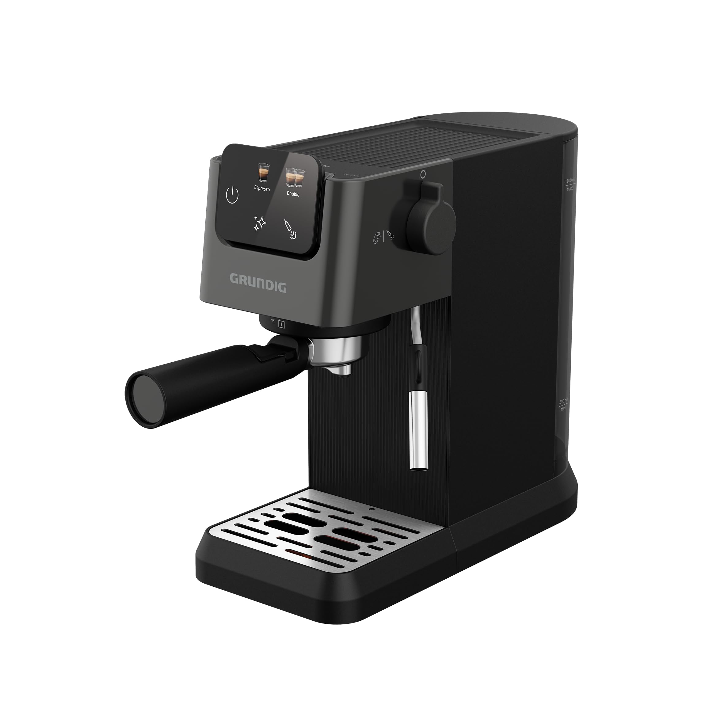 Grundig KSM 6430 Siebträgermaschine mit integriertem Milchbehälter, 1628 W Leistung, 20 bar Pumpendruck, Zweifachdüse, farbiges Touch-Display, BrewSense, CreamyPro, Dark Inox/Schwarz