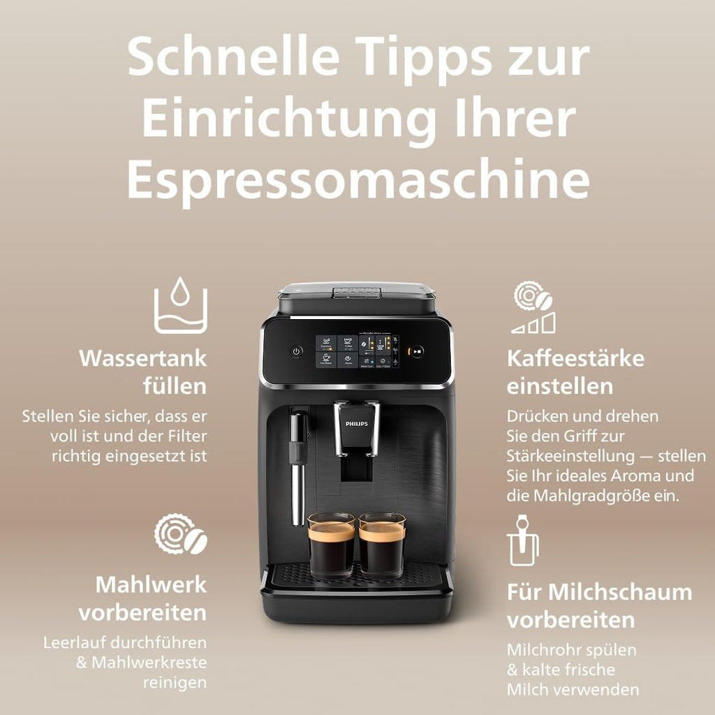 Philips 2200 Series Kaffeevollautomat - 2 Kaffeespezialitäten, Touch-Display, klassischer Milchaufschäumer, Keramikmahlwerk, Mattschwarz (EP2220/10)