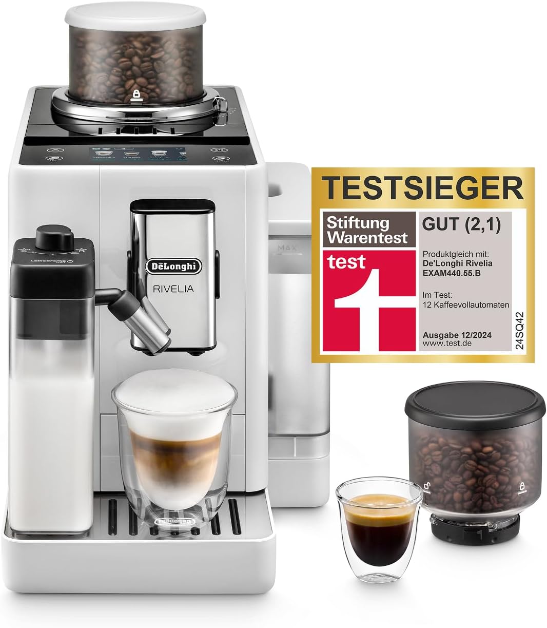 De'Longhi Rivelia EXAM440.55.W Kaffeevollautomat, perfekter Milchschaum, wechselbarer Bohnenbehälter, 16 Kaffee- & Milchgetränke auf Knopfdruck, Extra-Shot-Funktion, 3,5" Touch-Display, Weiß