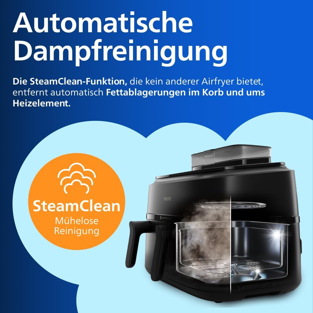 Philips Steam Airfryer 5000 Series Dual Basket Heißluftfritteuse mit Dampfgar-Funktion & 2 Körben – Steam, Airfry, SteamFry, 9L (3L+6L), RapidAir Plus, automatische Dampfreinigung (NA550/00)