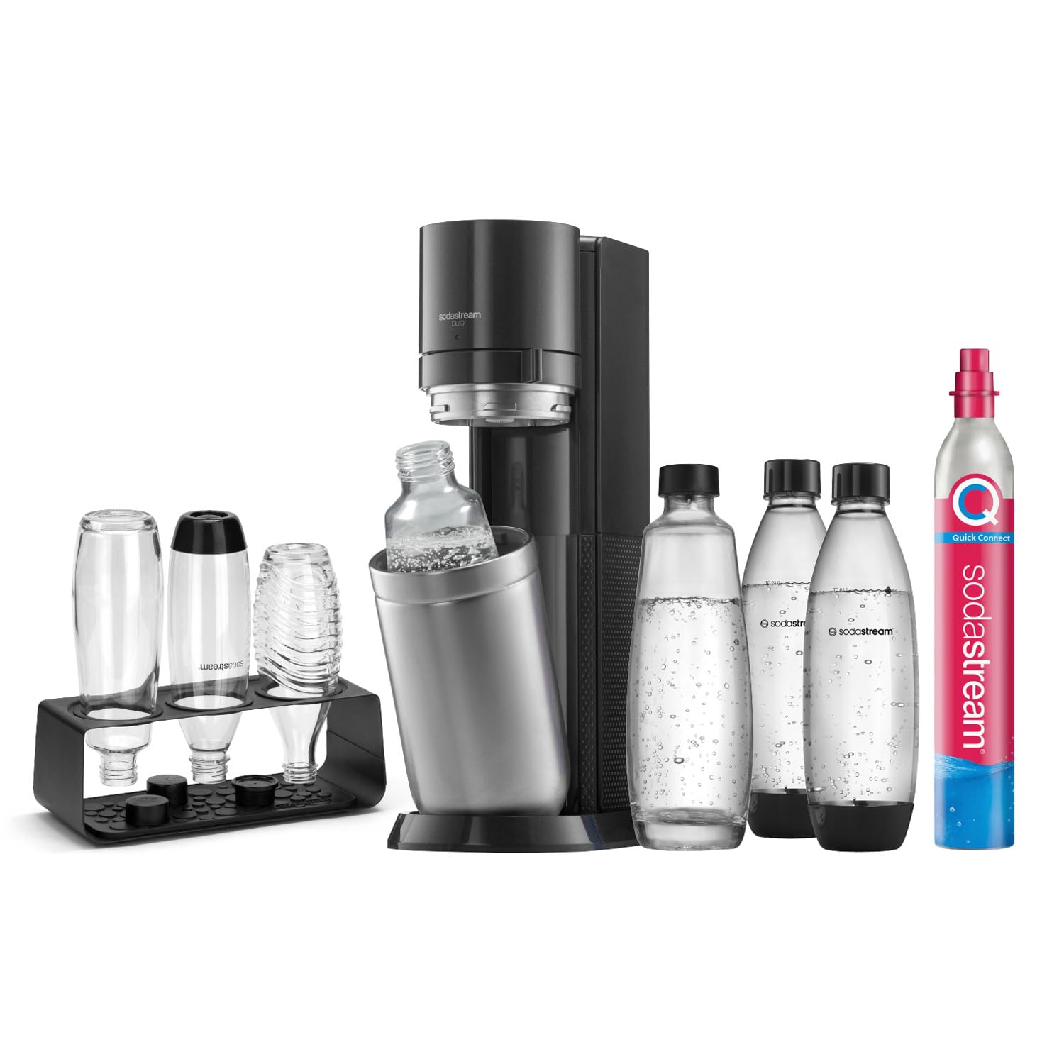 SodaStream Wassersprudler DUO mit Quick-Connect CO2-Zylinder | inkl. 2x 1L Glasflasche und 2x 1L FUSE Kunststoffflasche (spülmaschinengeeignet) |Farbe: Titan