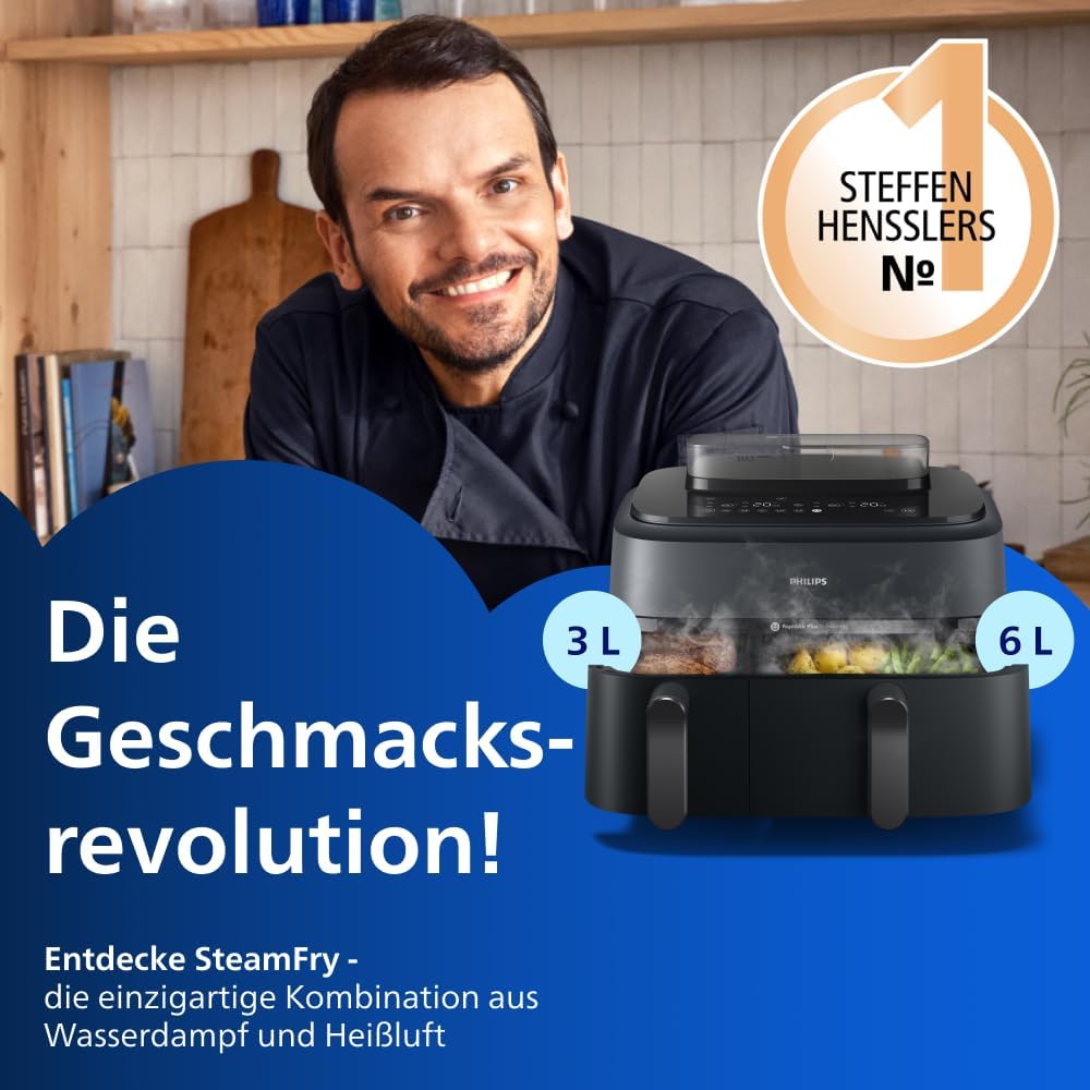 Philips Steam Airfryer 5000 Series Dual Basket Heißluftfritteuse mit Dampfgar-Funktion & 2 Körben – Steam, Airfry, SteamFry, 9L (3L+6L), RapidAir Plus, automatische Dampfreinigung (NA550/00)