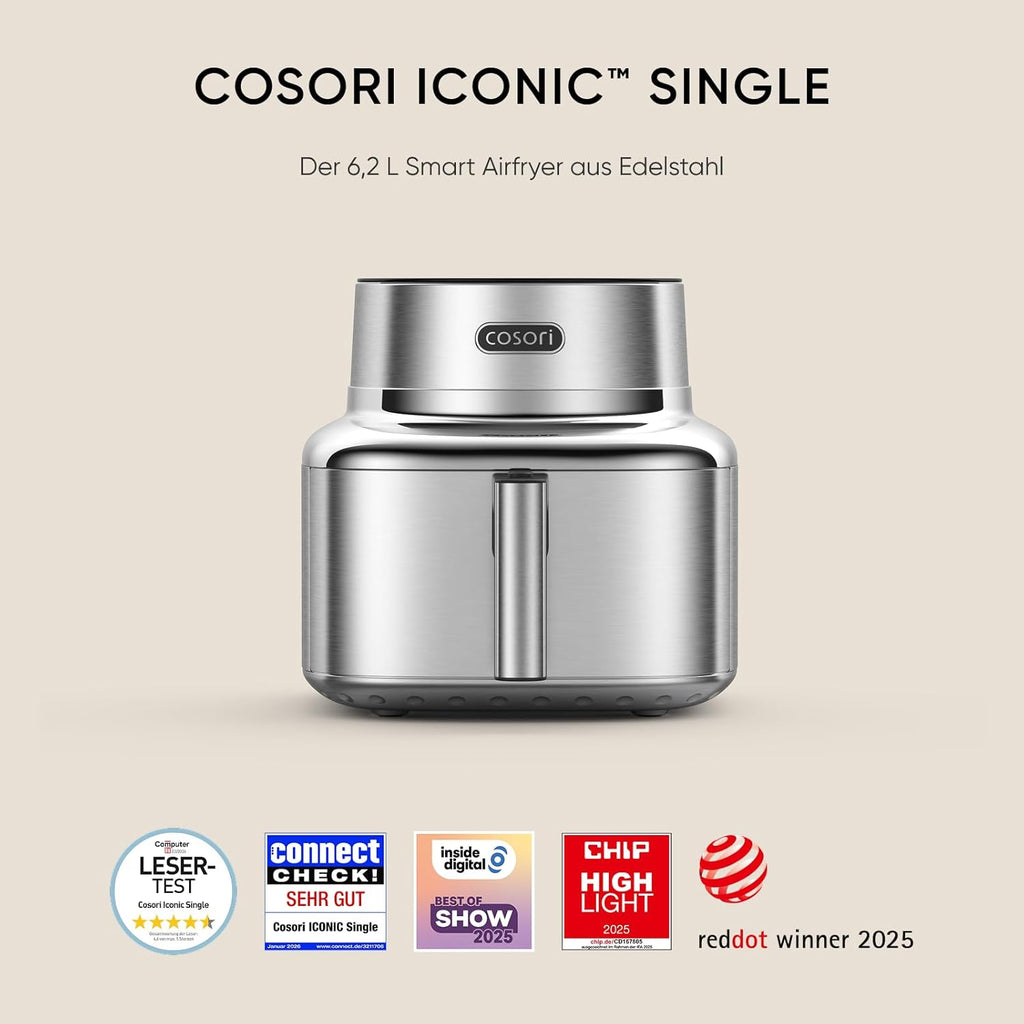 COSORI Airfryer | Iconic Single | 96% Metall | Keramikbeschichtung ohne PFAS und BPA | 7-in-1 6,2L Heißluftfritteuse | 61% energiesparend | 50+ Rezepte | spülmaschinenfest | silber | SE601S