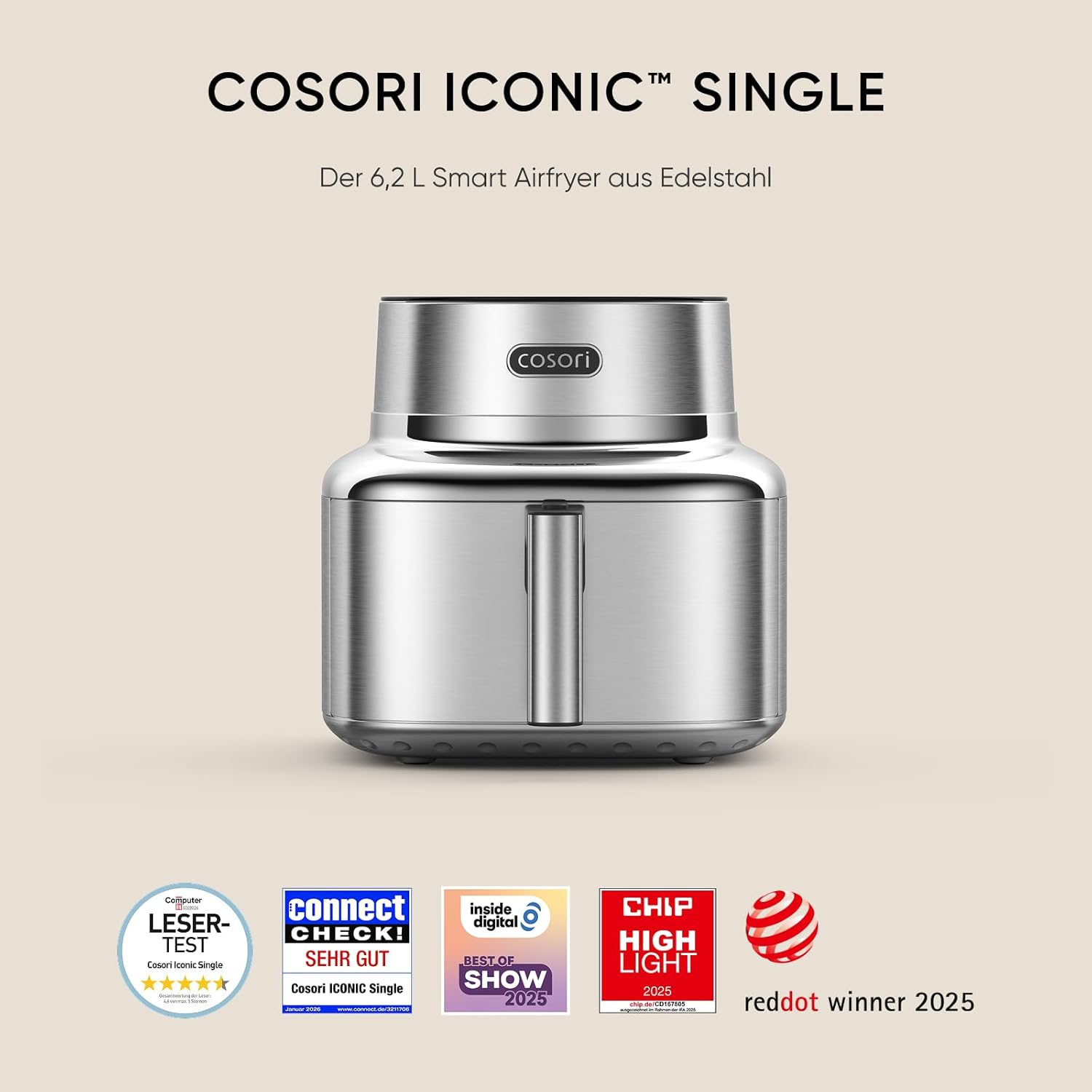 COSORI Airfryer | Iconic Single | 96% Metall | Keramikbeschichtung ohne PFAS und BPA | 7-in-1 6,2L Heißluftfritteuse | 61% energiesparend | 50+ Rezepte | spülmaschinenfest | silber | SE601S