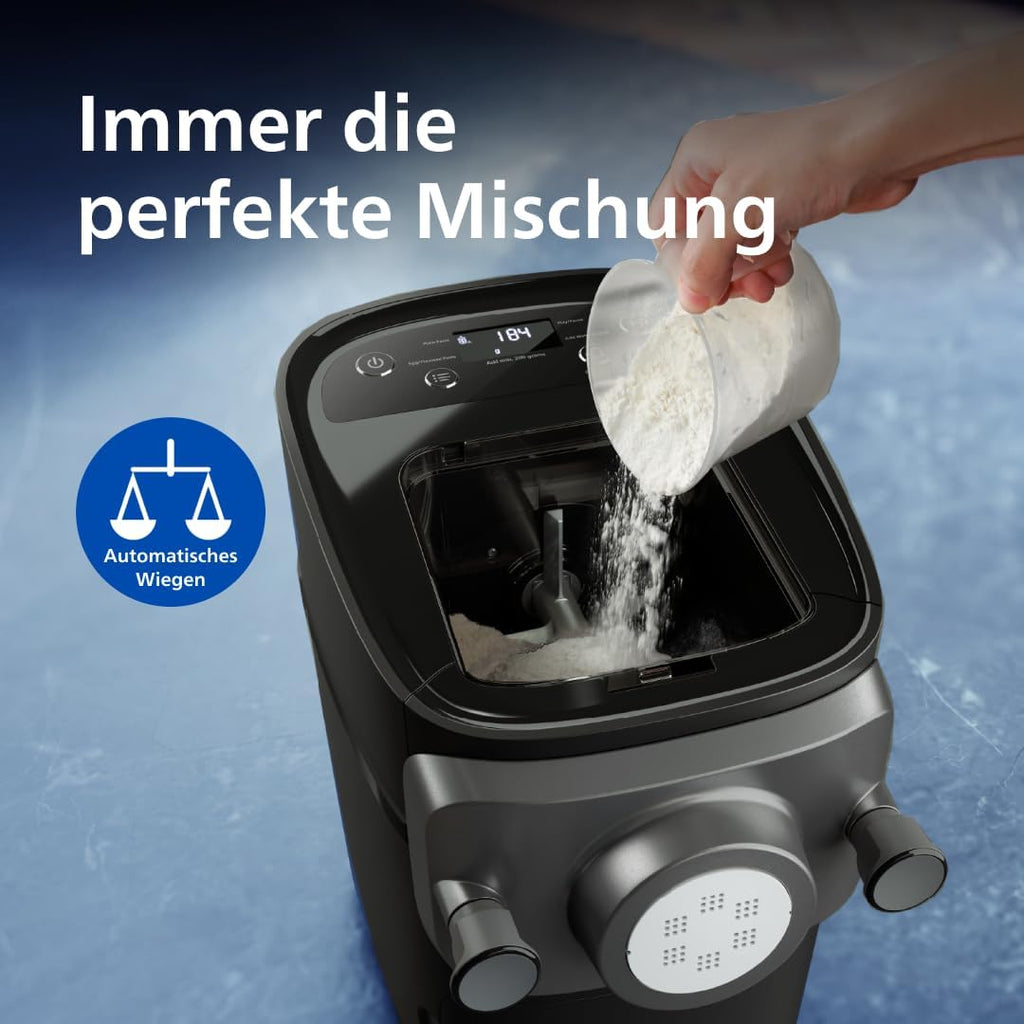 Philips 7000 Serie PastaMaker, Vollautomatische Nudelmaschine, Automatisches Wiegen, 8 Pastasorten, Einfache Reinigung, max 8 Portionen, ProExtrude-Technologie, Vegan, Glutenfrei, Schwarz (HR2665/93)
