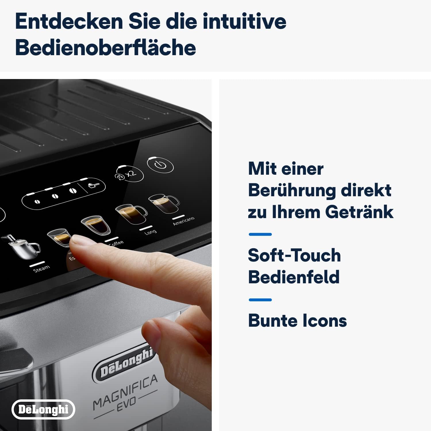 De’Longhi Magnifica Evo - Perfetto Kaffeevollautomat mit klassischem Milchaufschäumer, 4 One-Touch-Getränke, Cappuccino, Espresso Kaffeemaschine, Soft-Touch-Bedienfeld, Silber (ECAM292.33.SB)
