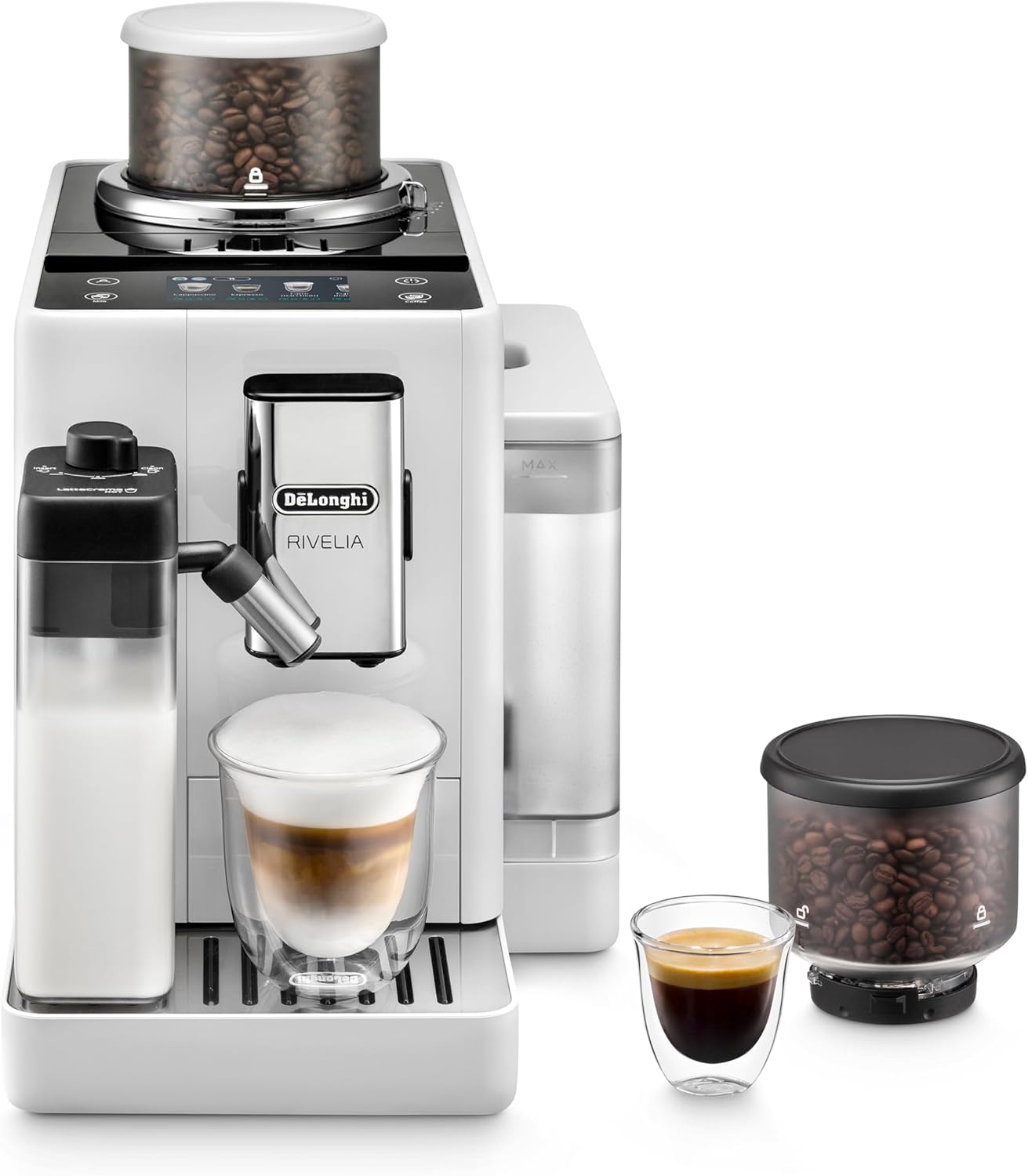De'Longhi Rivelia EXAM440.55.W Kaffeevollautomat, perfekter Milchschaum, wechselbarer Bohnenbehälter, 16 Kaffee- & Milchgetränke auf Knopfdruck, Extra-Shot-Funktion, 3,5" Touch-Display, Weiß