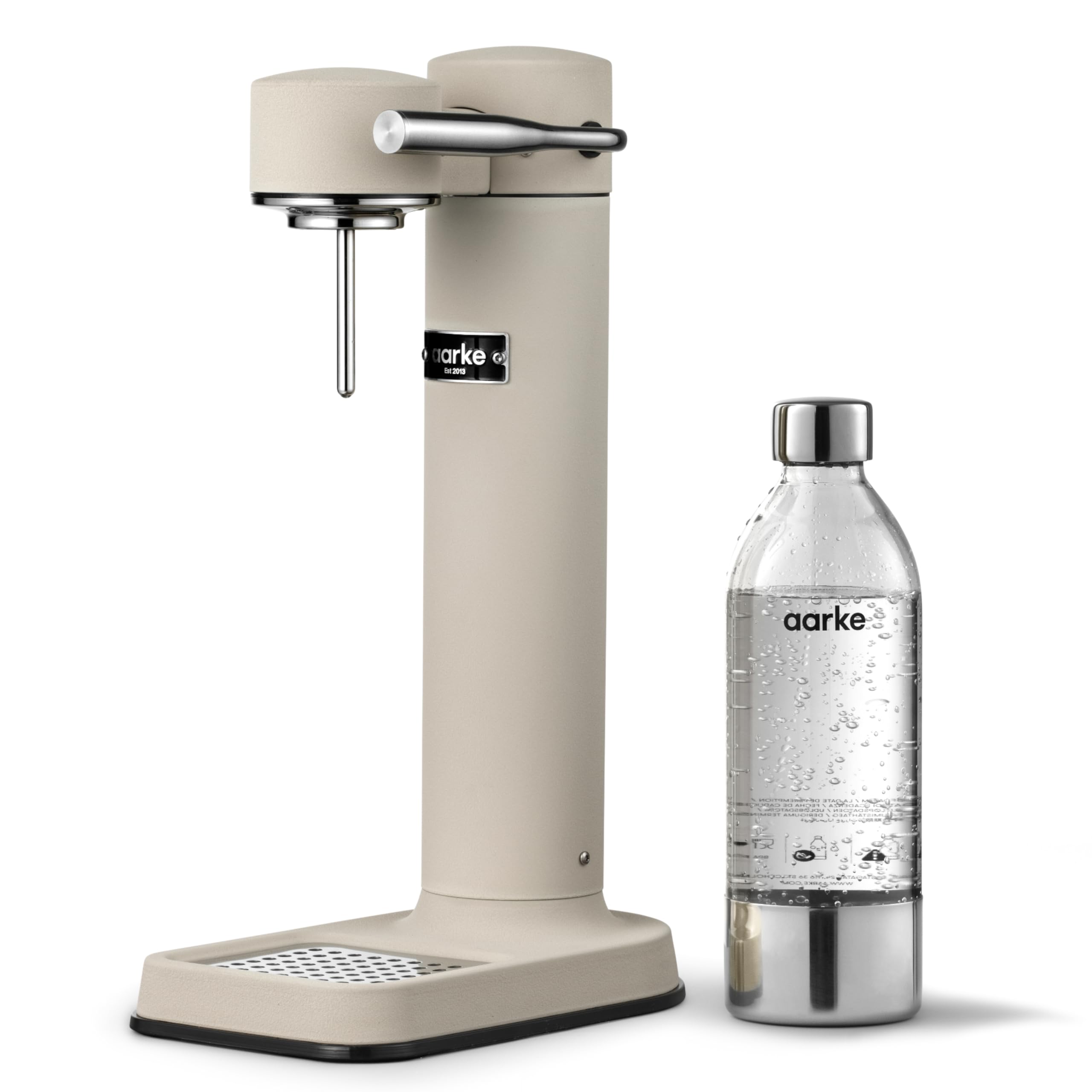 Aarke Carbonator 3, Wassersprudler aus Edelstahl im modernen Edelstahl Finish mit BPA-freier 1L PET-Flasche, Sprudelwasserbereiter für Leitungswasser, kompatibel mit 60L CO2-Zylindern