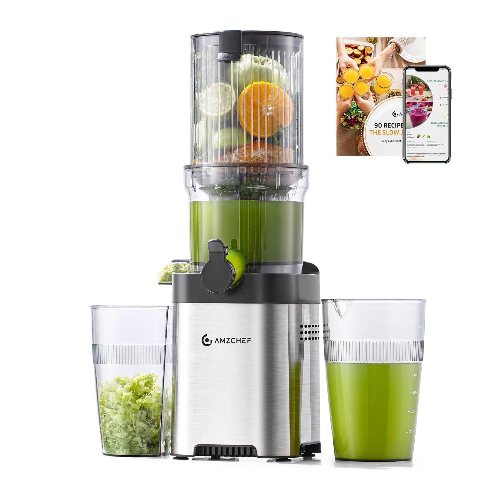 AMZCHEF Entsafter Slow Juicer 136 mm – Saftpresse Elektrisch für Gemüse & Obst – Cold Press Juicer mit 2 Filtern – Leise & Leicht zu Reinigen - Silber