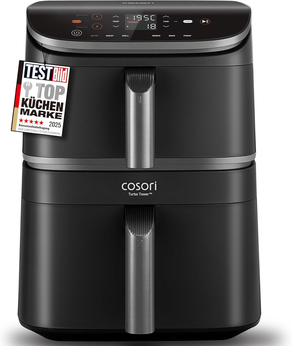 COSORI Airfryer, Heißluftfritteuse 2 Kammern, 10,8 L Heissluftfritteuse, Innovative Mehrfach-Luftgeschwindigkeit, Spart 41 Prozent Platz, Inklusive Rezeptbuch und Edelstahl-Rost, Silbergrau