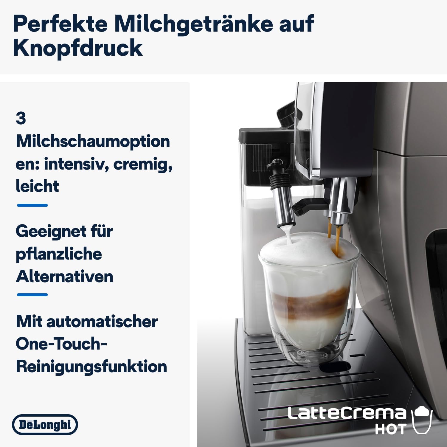 De'Longhi Dinamica Plus ECAM380.95.TB, Kaffeevollautomat mit LatteCrema Milchsystem, One-Touch-Cappuccino, mit 24 Rezepten, 3,5-Zoll TFT-Farbdisplay, 1450W, Titan/Schwarz