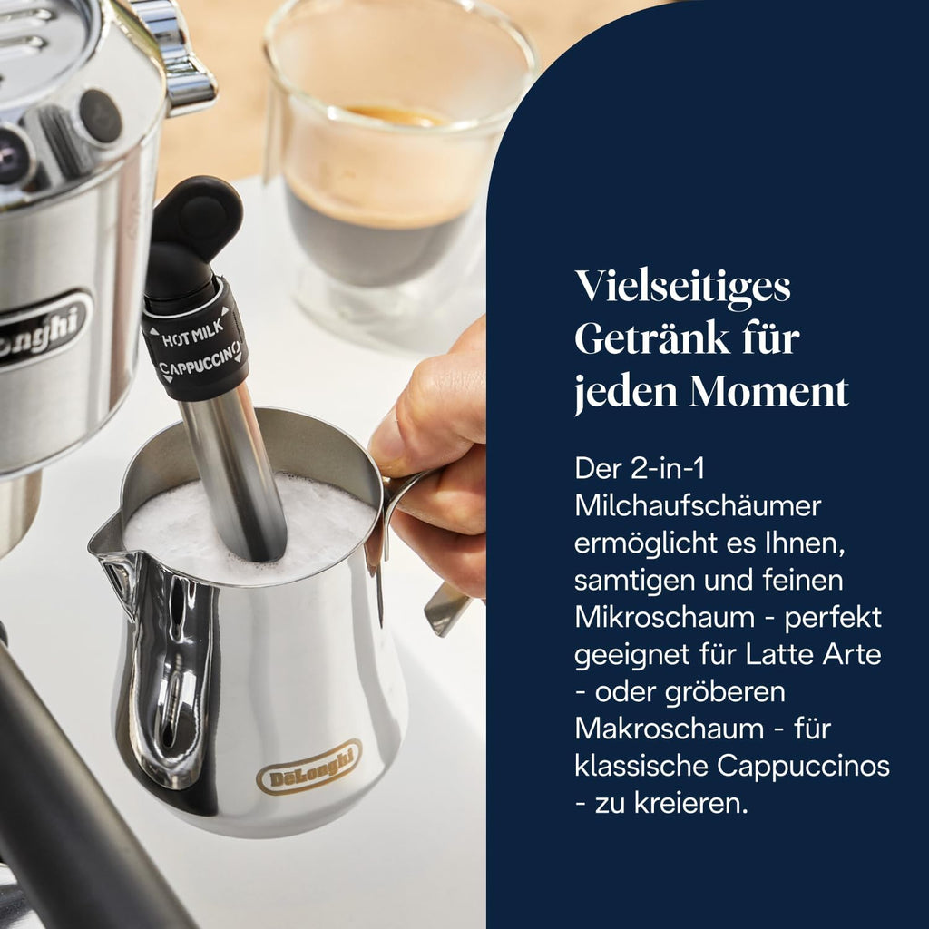 De'Longhi Dedica Style - Perfetto Kompakte Siebträgermaschine Espressomaschine mit Tasten, manuellem Milchaufschäumer für Espresso und Cappuccino, ESE Pad geeignet, 15cm breit, Metall (EC685.M)