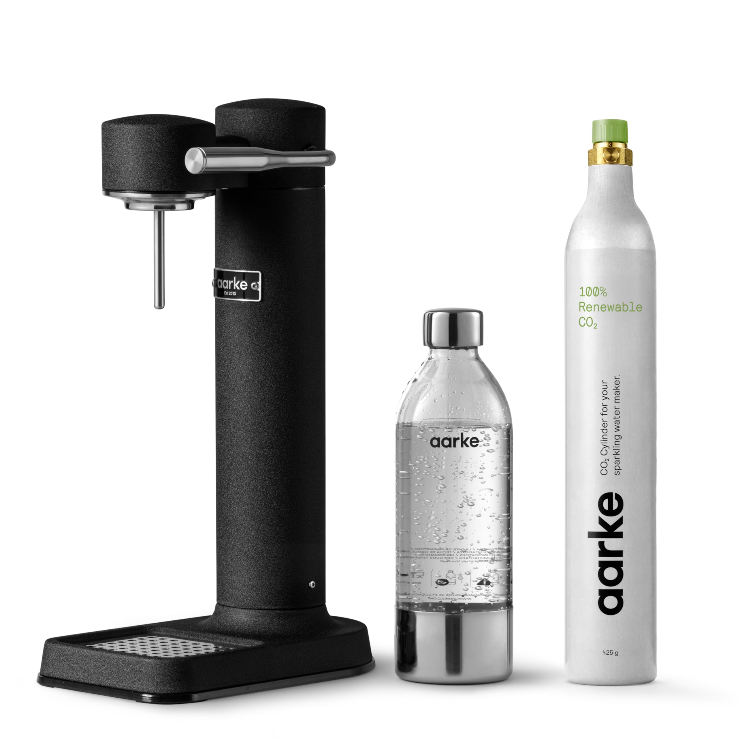 Aarke Carbonator 3, Wassersprudler aus Edelstahl im modernen Edelstahl Finish mit BPA-freier 1L PET-Flasche, Sprudelwasserbereiter für Leitungswasser, kompatibel mit 60L CO2-Zylindern