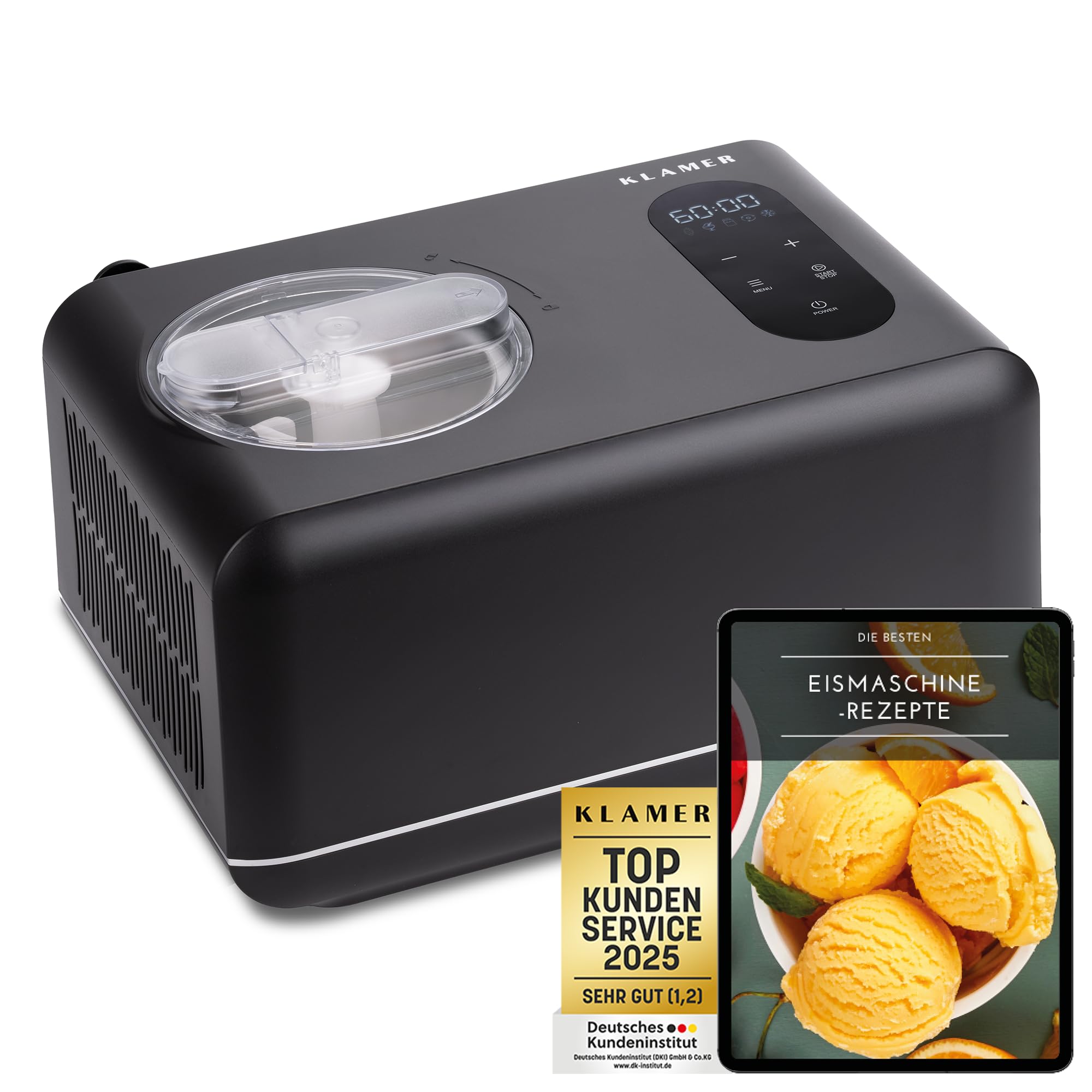 KLAMER 2-in-1 Eismaschine & Joghurtbereiter 2 L, 180 W Eiscrememaschine aus Edelstahl mit Kühl- und Heizfunktion, hausgemachtes Speiseeis mit selbstkühlendem Kompressor, mit digitalem Rezeptbuch